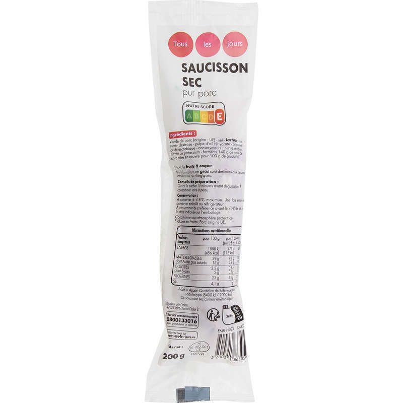 Tous Les Jours Saucisson Sec Pur Porc 200 g