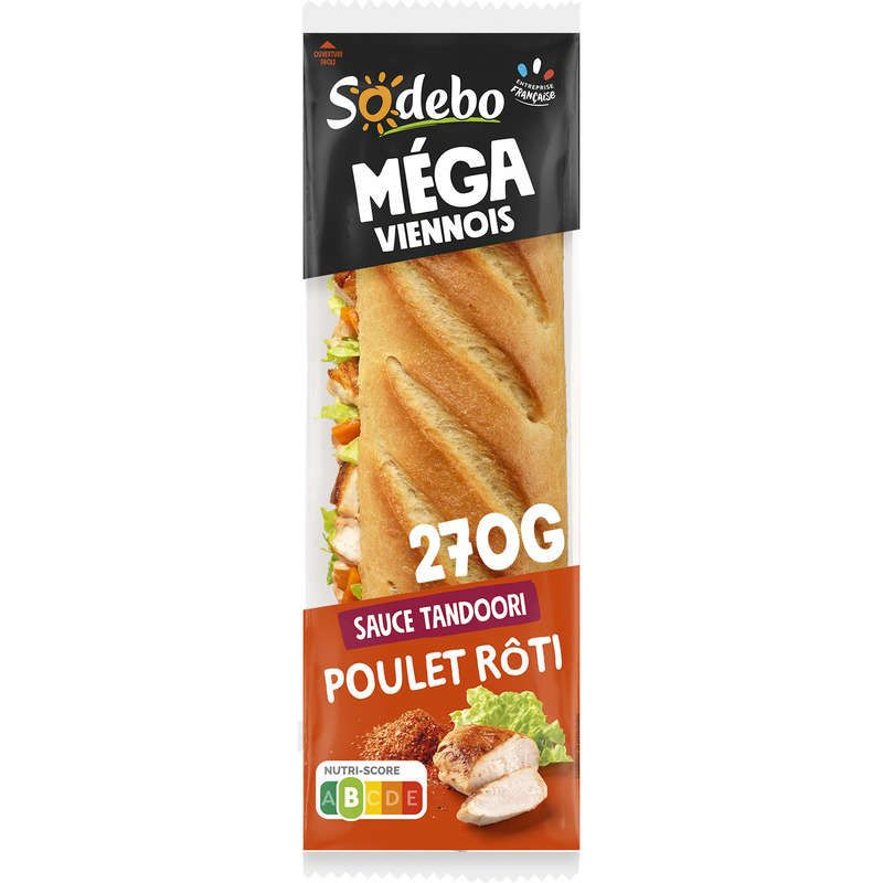 Sodebo Le Méga Sandwich Pain Viennois Poulet Rôti Sauce Tandoori 270g
