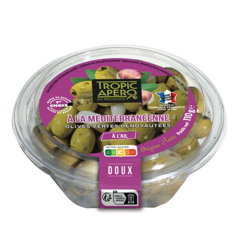 Tropic Apéro Olives Vertes Dénoyautées à la Méditerranéenne à l’Ail 110g