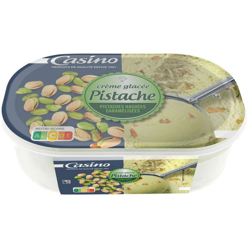 Casino Crème glacée - Pistache avec des morceaux de pistaches hachées caramélisées - Bac - 500g