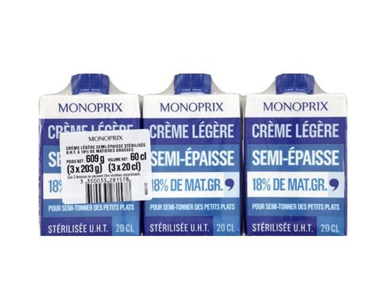 Monoprix Crème Légère Semi-Épaisse 18% Mg 3x20cl