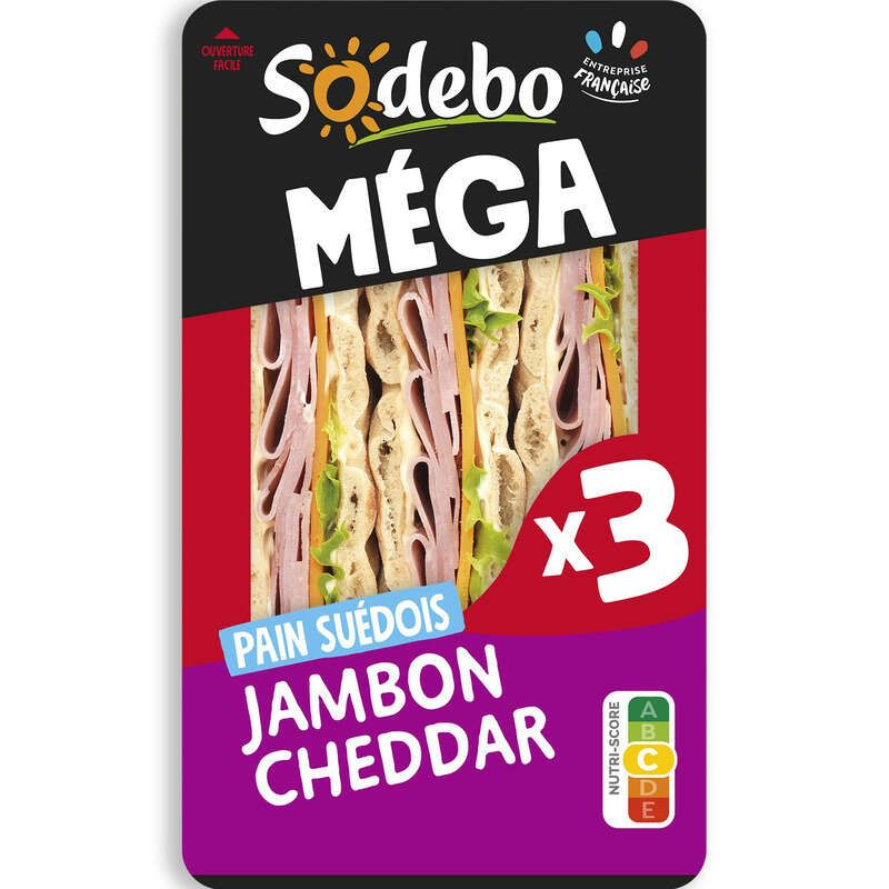 Sodebo Sandwich Méga club suédois jambon cheddar 230g