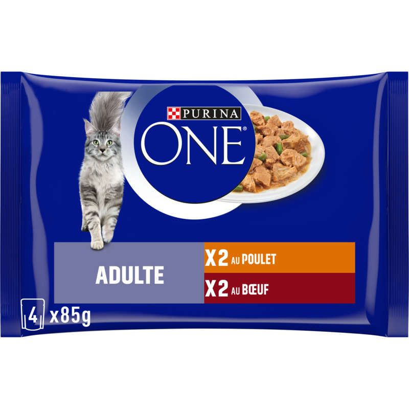 Purina One Pâtée Chat Adulte Poulet, Bœuf - 4x85g
