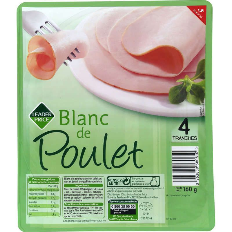 Leader Price Blanc de poulet 4 tranches 160g