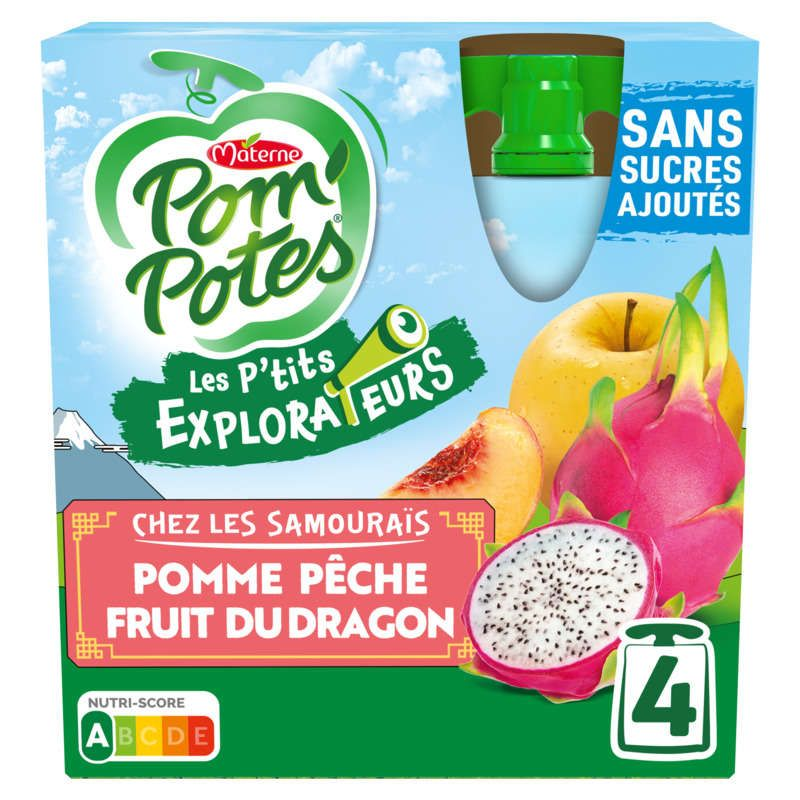 Materne Pom' Potes Compotes Pomme Pêche Fruits du Dragon 4x90g