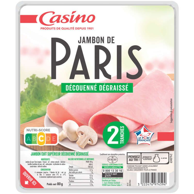 Casino Jambon de Paris - Découenné dégraissé - 2 tranches - 80g